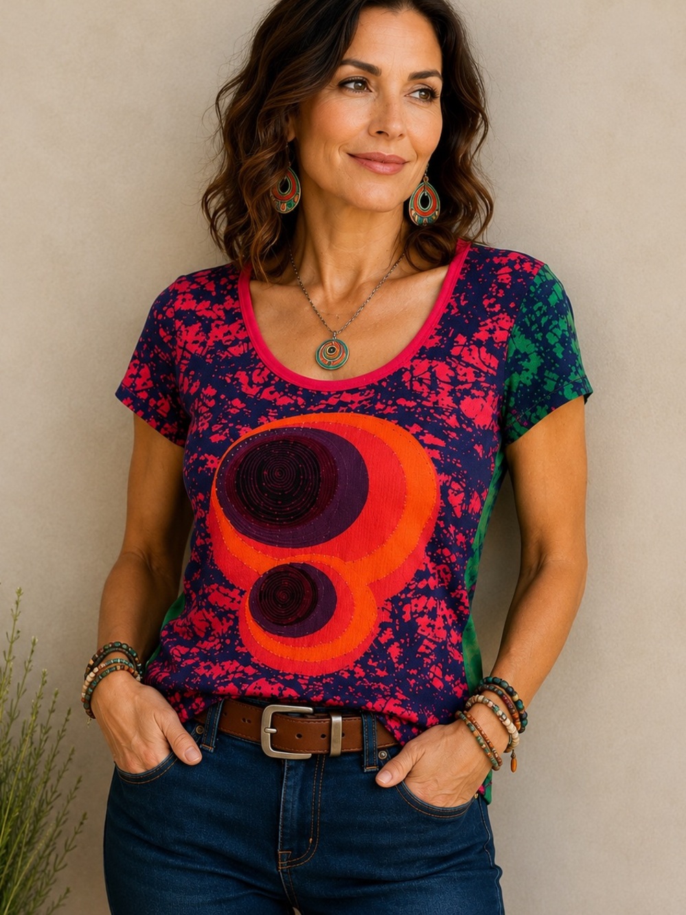 DAIWEI Artwear Graphic Tee Small Colorful Butterfly Embroidered Top Boho